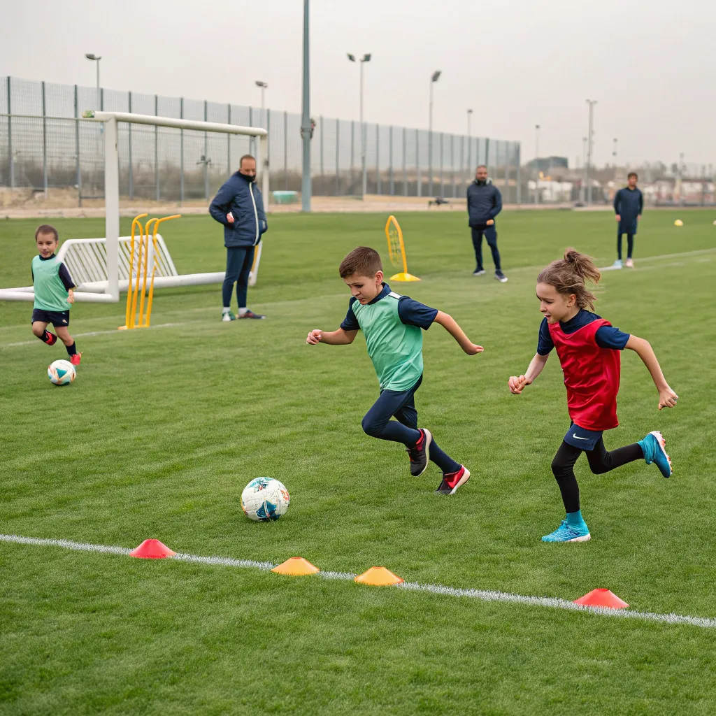 Children playing football in a training session